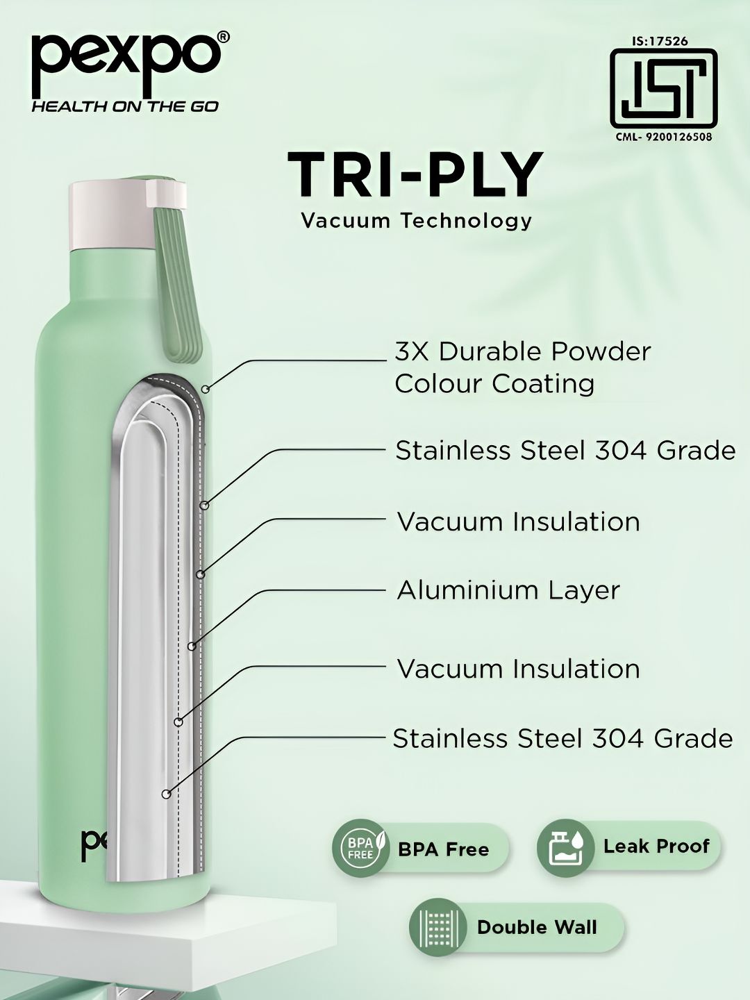 Pexpo Oslo Sea Green ISI Certified Thermosteel Hot Flask Insulated Water Bottle 1000ml