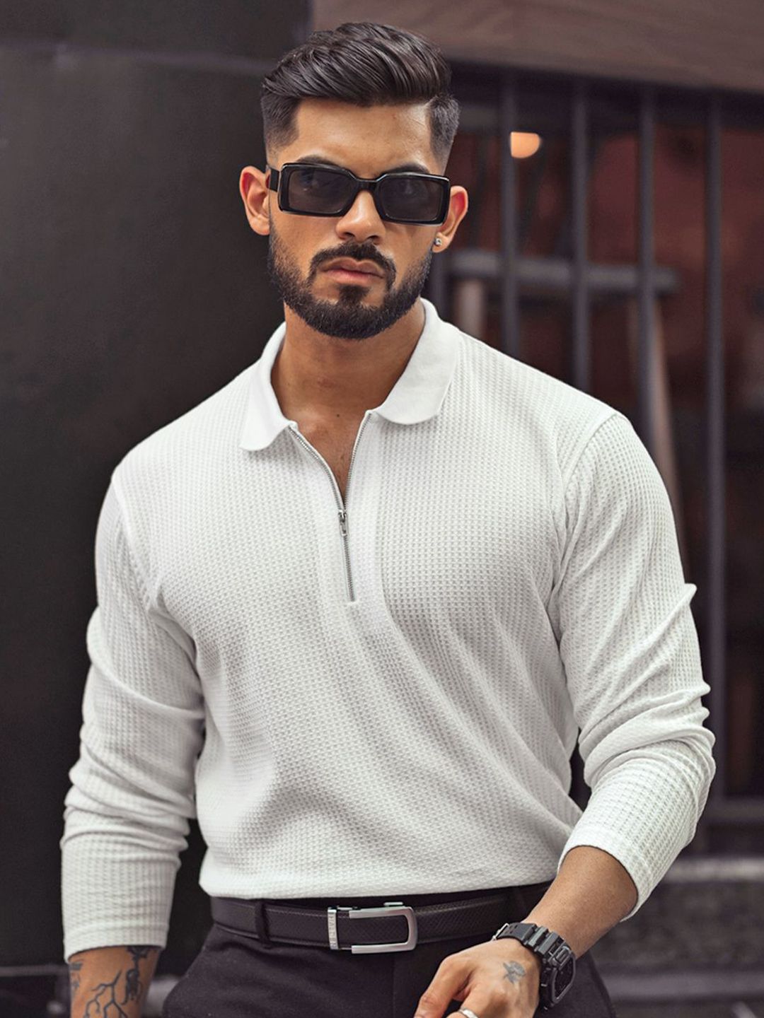 Powerlook Men Self Design Polo Collar Cotton T-shirt