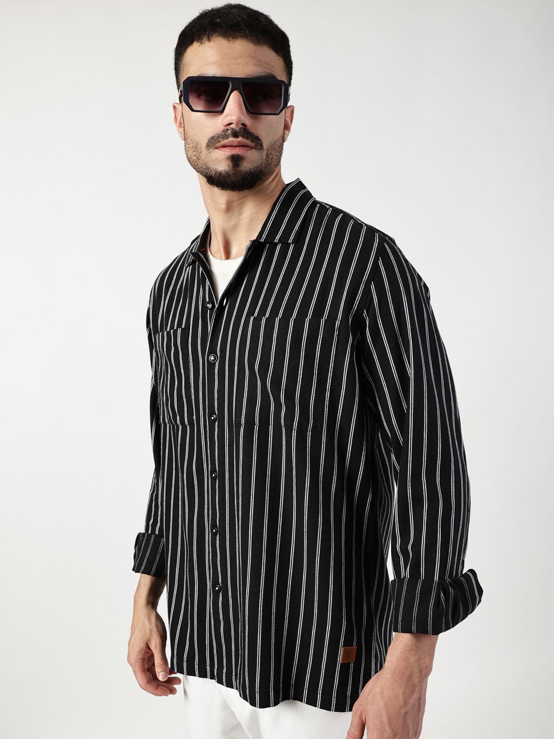 Thomas Scott Men Premium Spread Collar Vertical Striped Cotton Slim Fit Casual Shirt