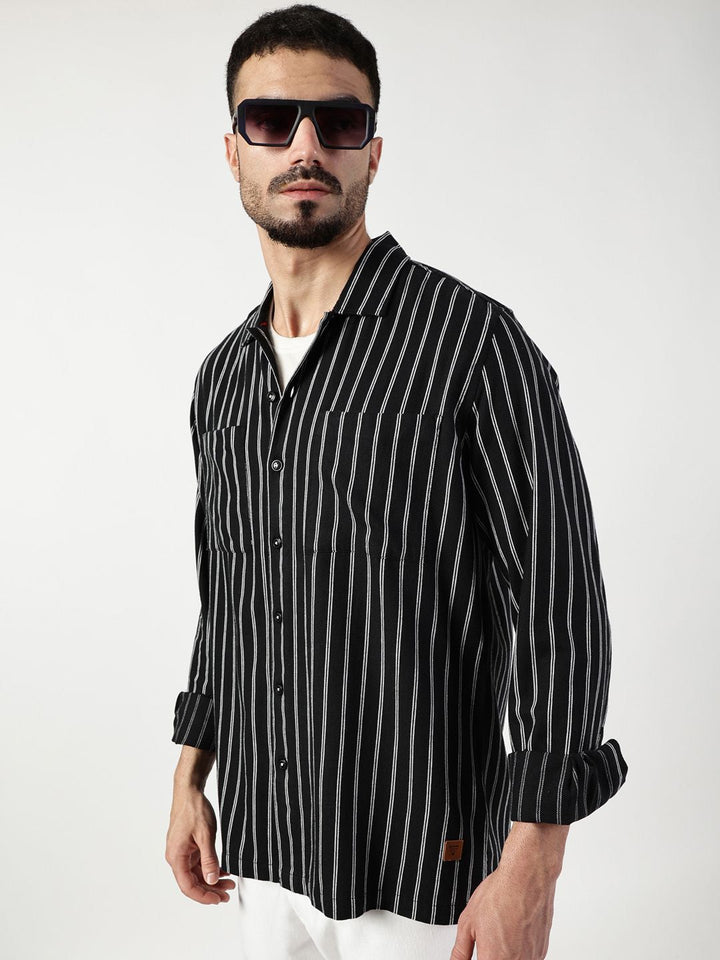 Thomas Scott Men Premium Spread Collar Vertical Striped Cotton Slim Fit Casual Shirt