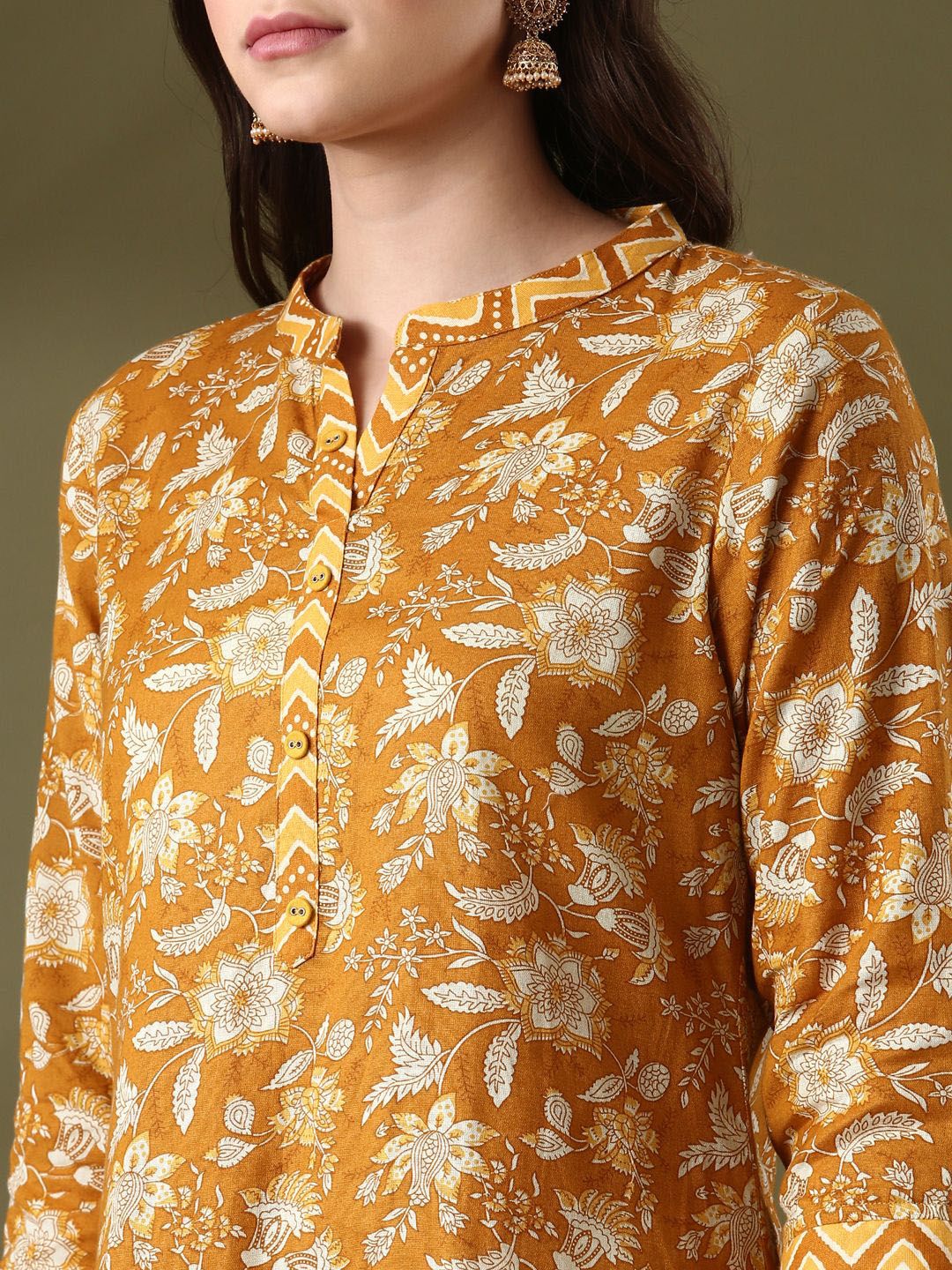 Anouk Mustard Yellow Floral Printed Mandarin Collar PureCotton Straight Kurta With Trouser