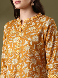 Anouk Mustard Yellow Floral Printed Mandarin Collar PureCotton Straight Kurta With Trouser