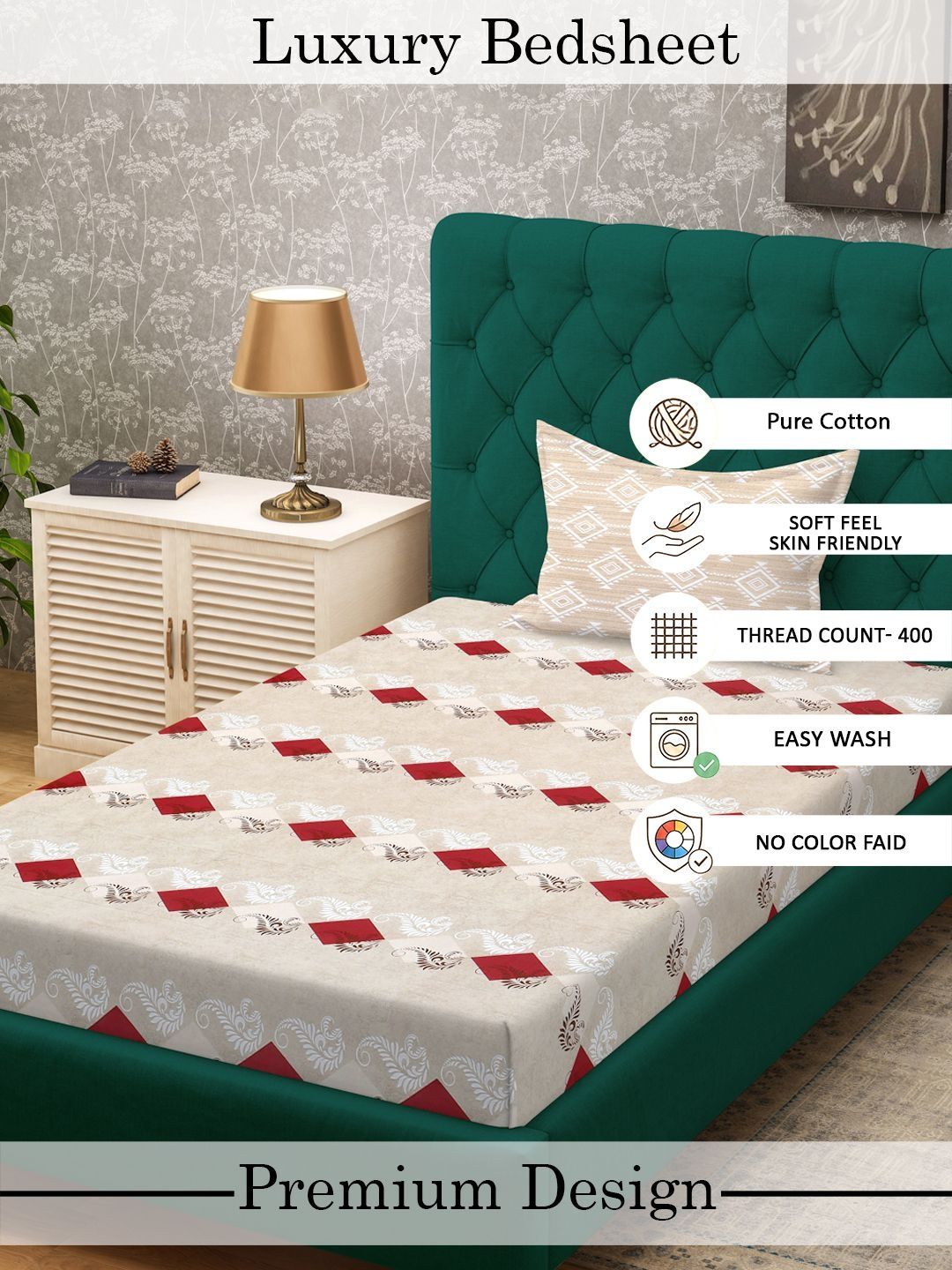 Myntra Elegant Homes Beige Geometric 400 TC Single Bedsheet with 1 Pillow Covers