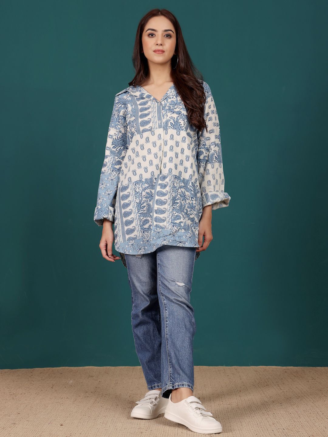 Varanga Print Cotton Shirt Style Longline Top