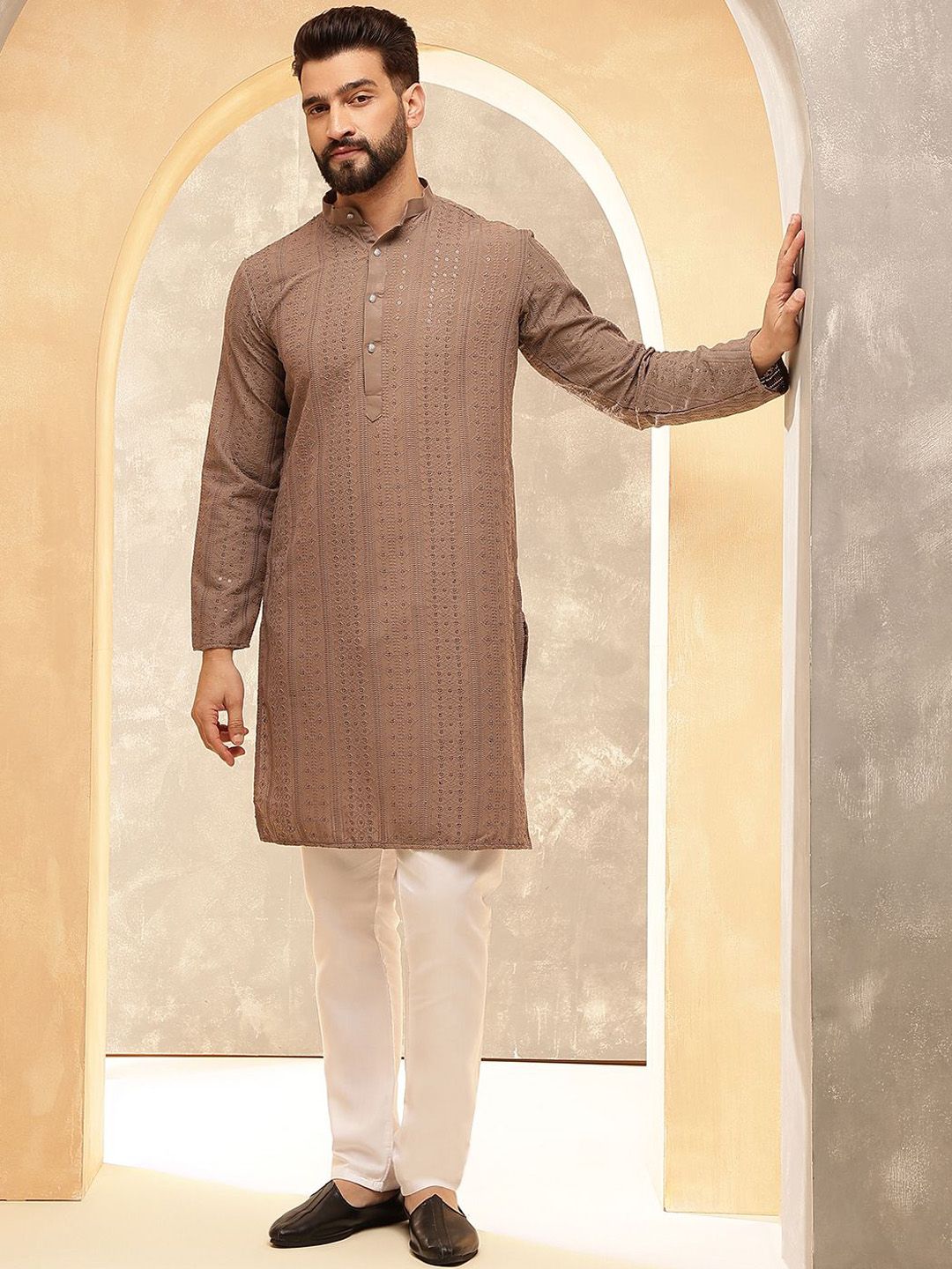 Anouk Brown Geometric Sequence Band Collar Straight Kurta