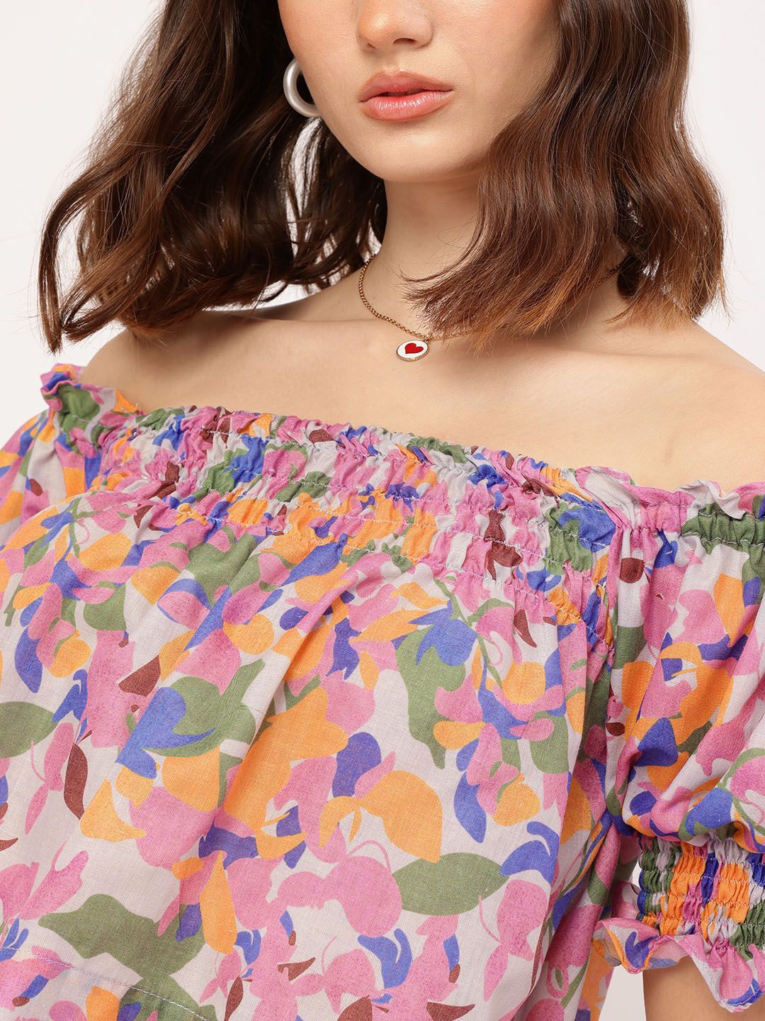 DressBerry Dainty Details Floral Print Smocked Bardot Top