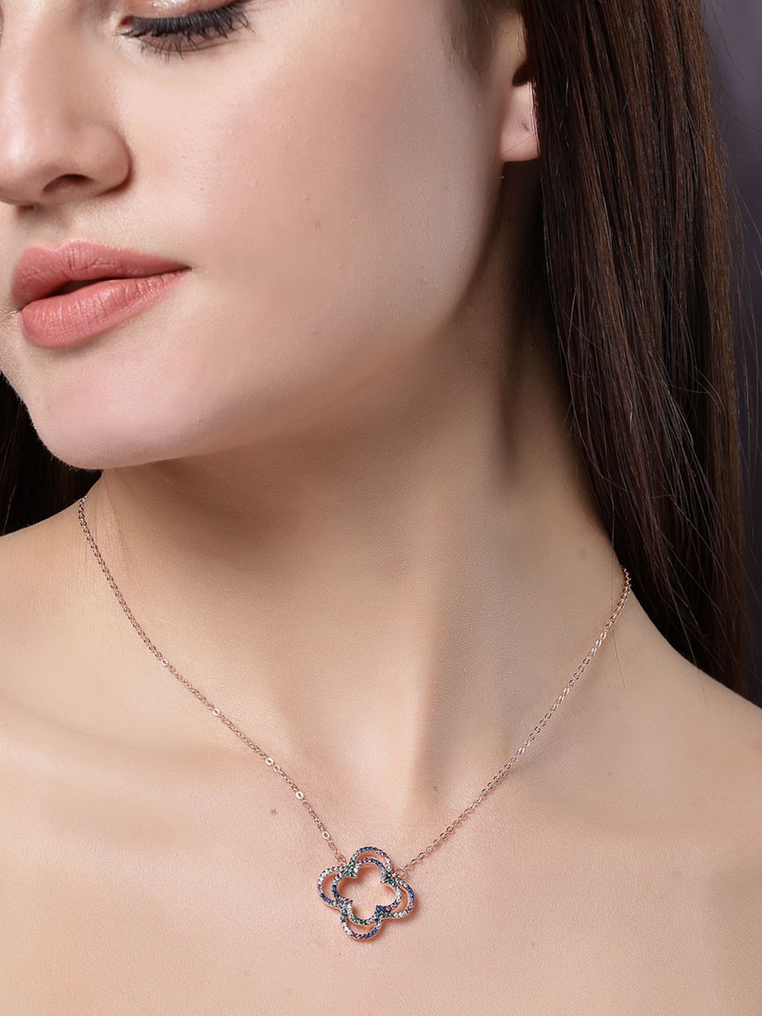 PANASH 925 Sterling Silver Rose Gold-Plated Cubic Zirconia-Studded Necklace