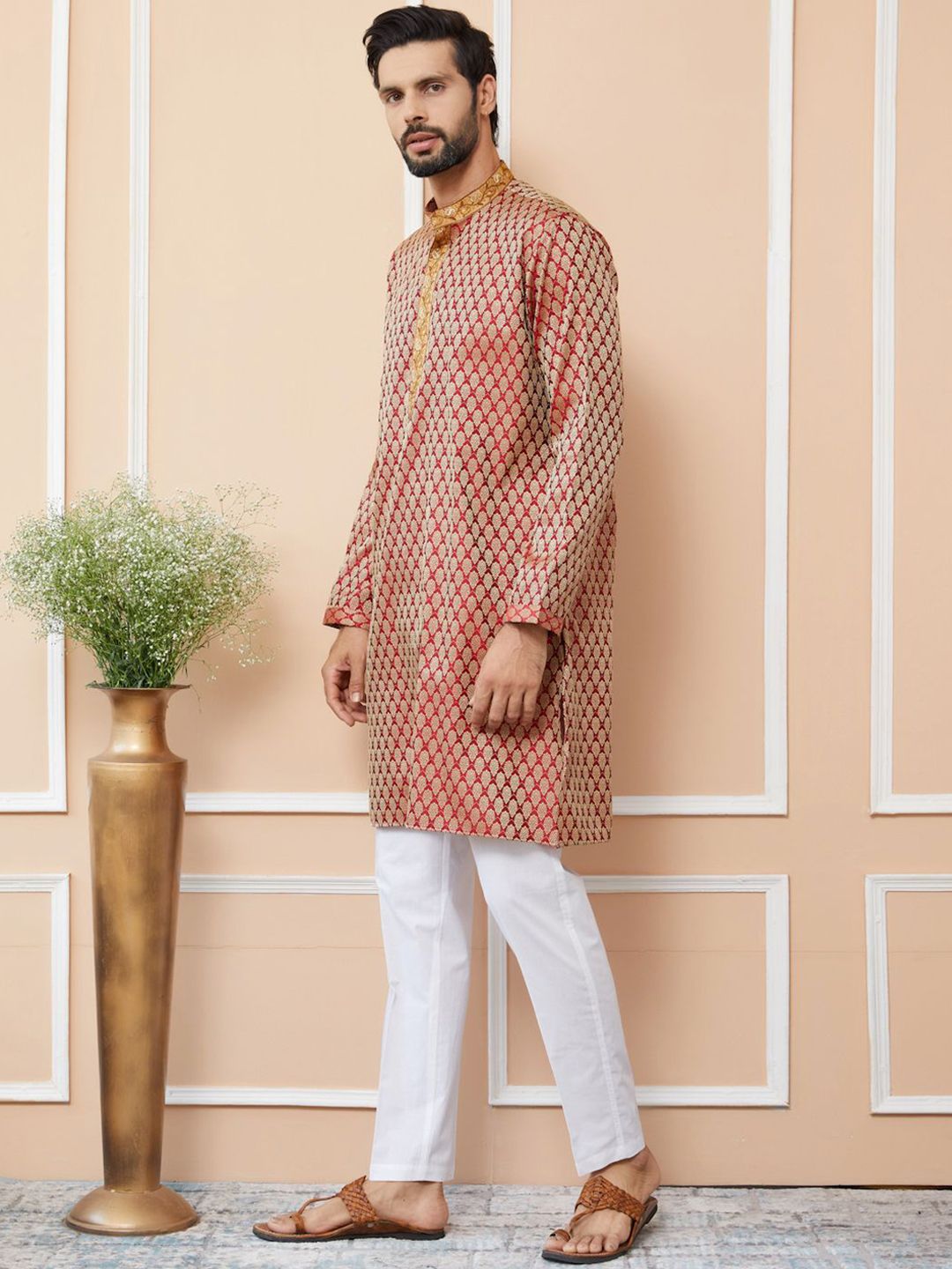 See Designs Ethnic Motifs Printed Mandarin Collar Jacquard Silk Straight Kurta