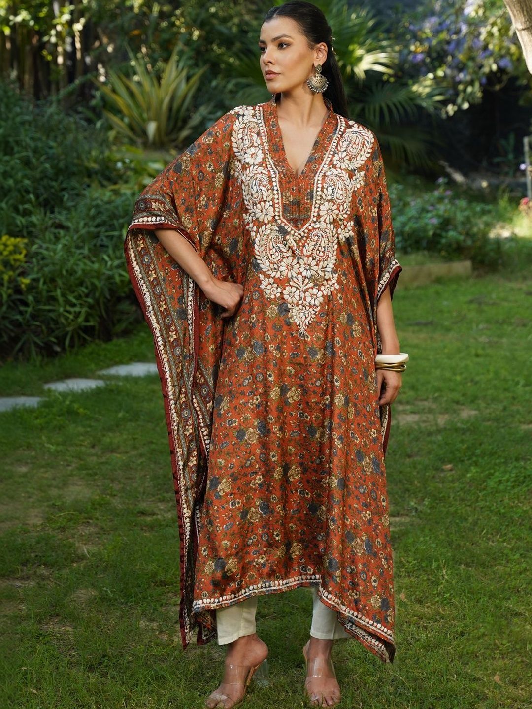 House of Chikankari Women Printed Chikankari Crepe Kaftan Kurta
