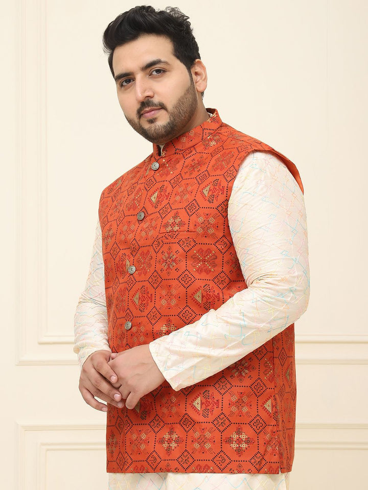 SOJANYA PLUS Lelaki Plus Size Printed Mandarin Collar Nehru Jaket