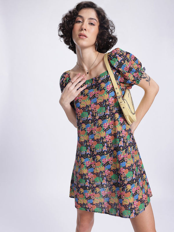 DressBerry Indie Vibe Printed Tie-Up Back A-Line Mini Dress