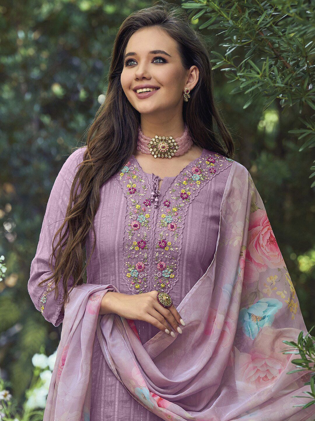 Indo Era Lavender & Red Floral Embroidered Pure Cotton Kurta With Trousers & Dupatta