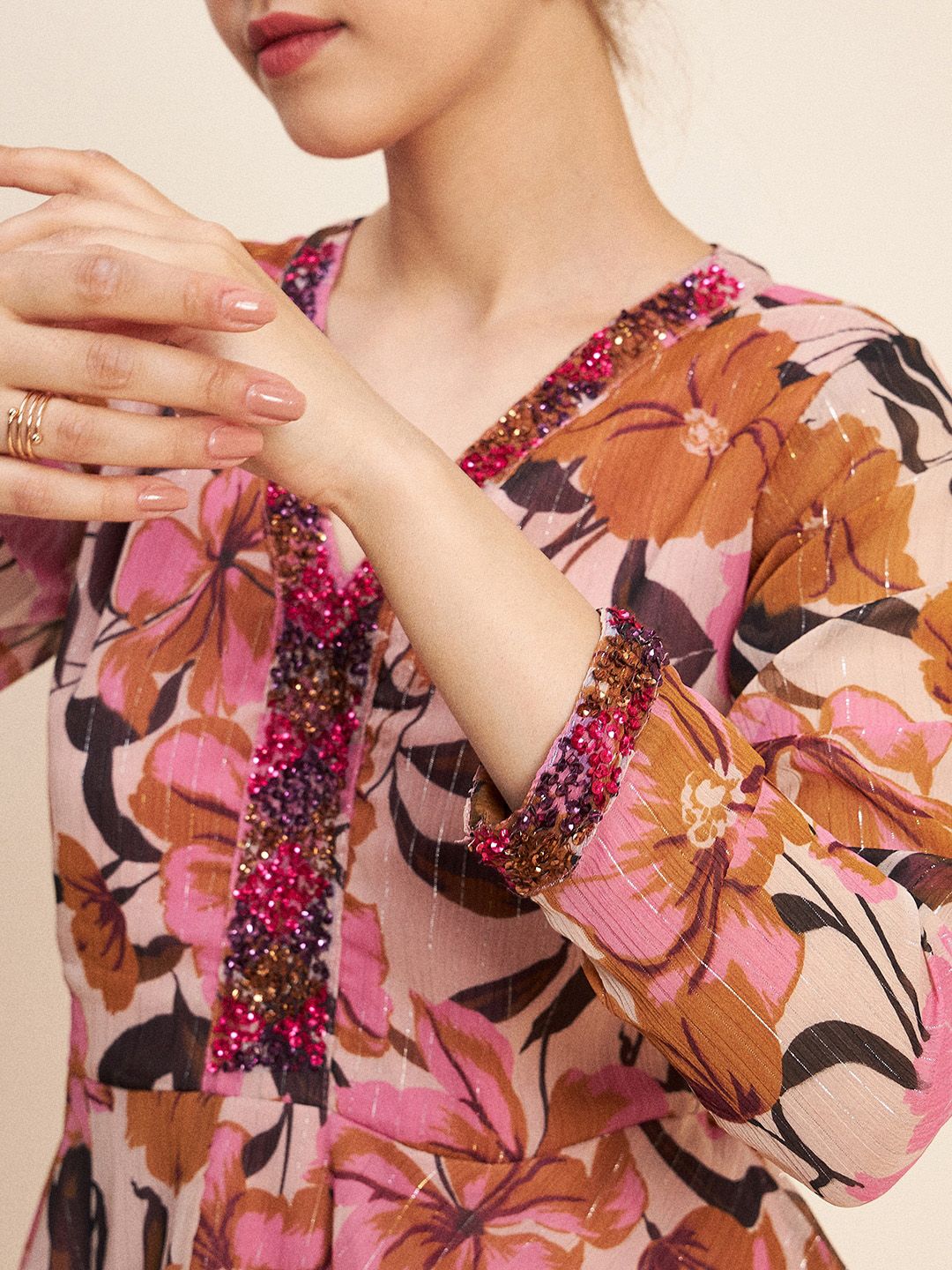 Antheaa Pink & Brown Printed Embellished Top & Trousers