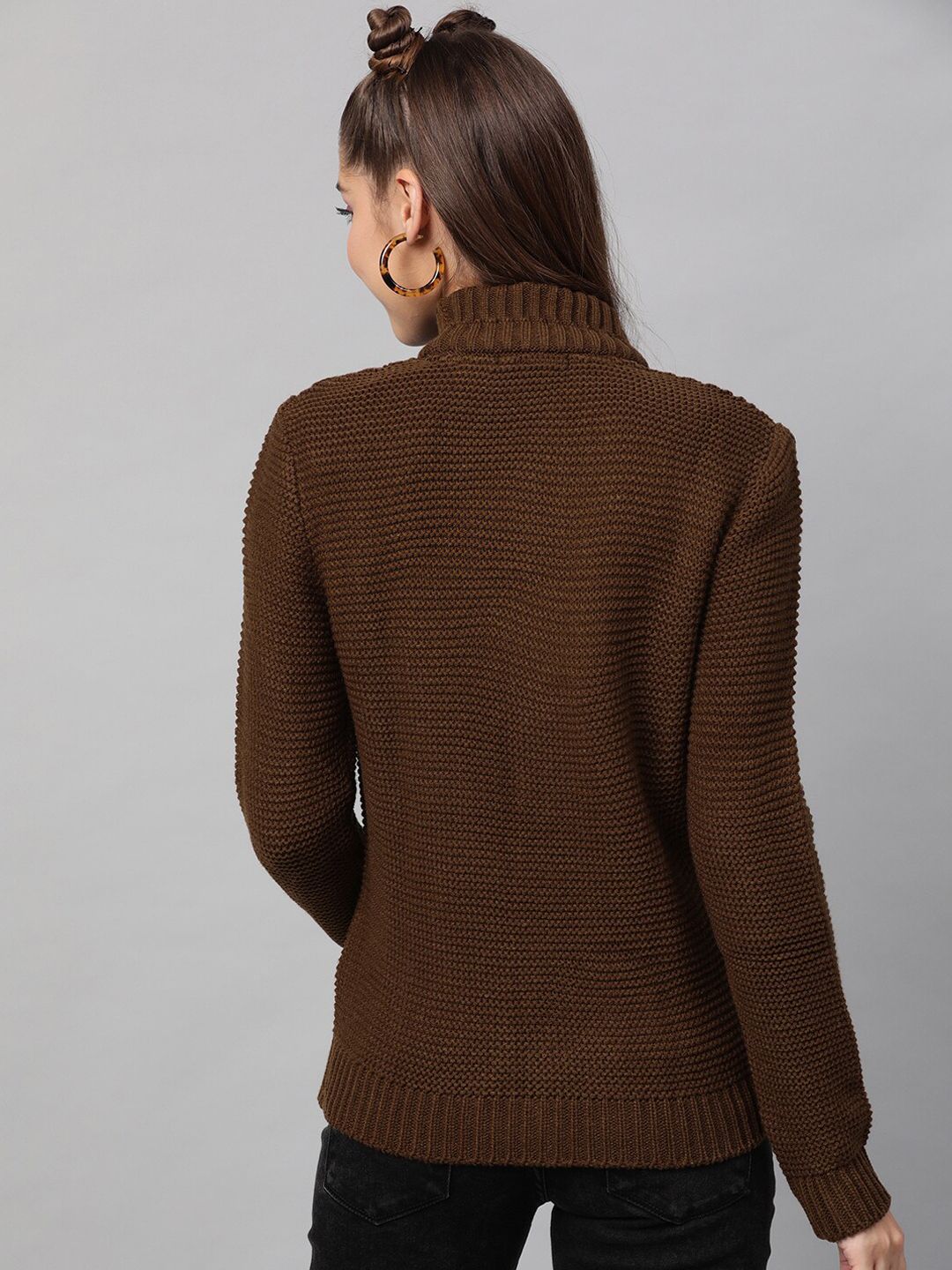 STREET 9 Women Coffee Brown Self Design Pullover Sweater