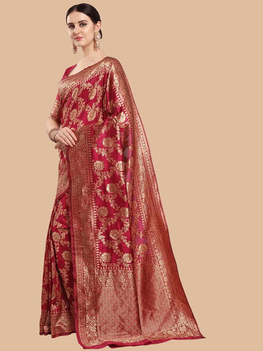 KALINI Maroon & Gold Ethnic Motifs Zari Silk Blend Banarasi Saree