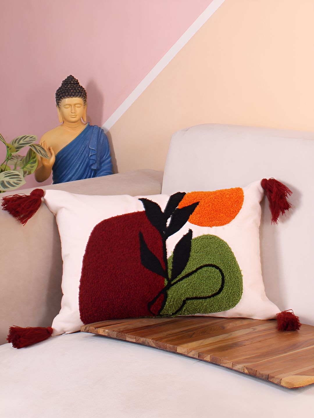 STITCHNEST Maroon & Green Embroidered Rectangle Cushion Cover