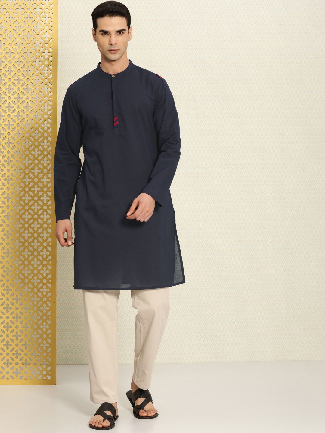 House of Pataudi Pure Cotton Band Collar Regular Rozana Kurta