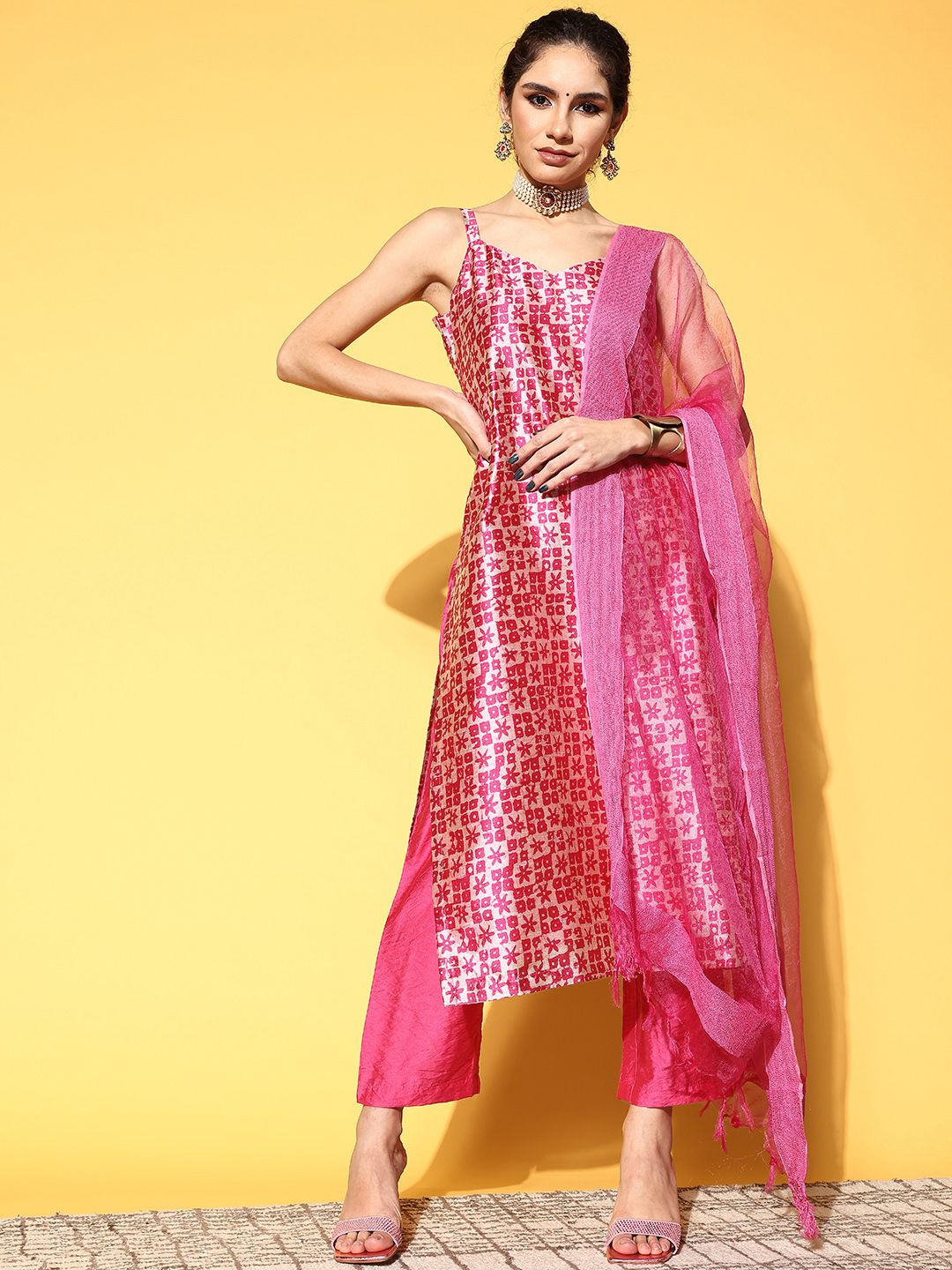 Varanga Women Abstract Tussar Silk Spaghetti Straps Kurta Set
