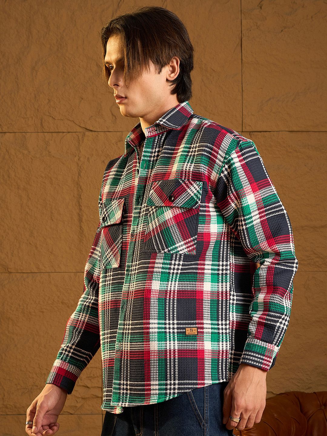 DENNISON Men Double Pocket Drop Shoulder Oversized Cotton Checked Shacket
