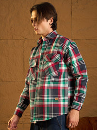 DENNISON Men Double Pocket Drop Shoulder Oversized Cotton Checked Shacket