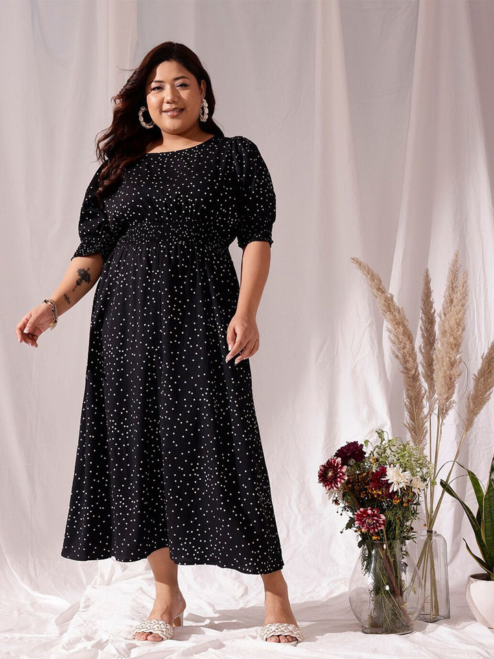 CURVY STREET Black Polka Dots Printed Flared Round Neck Puff Sleeve Blouson Dress