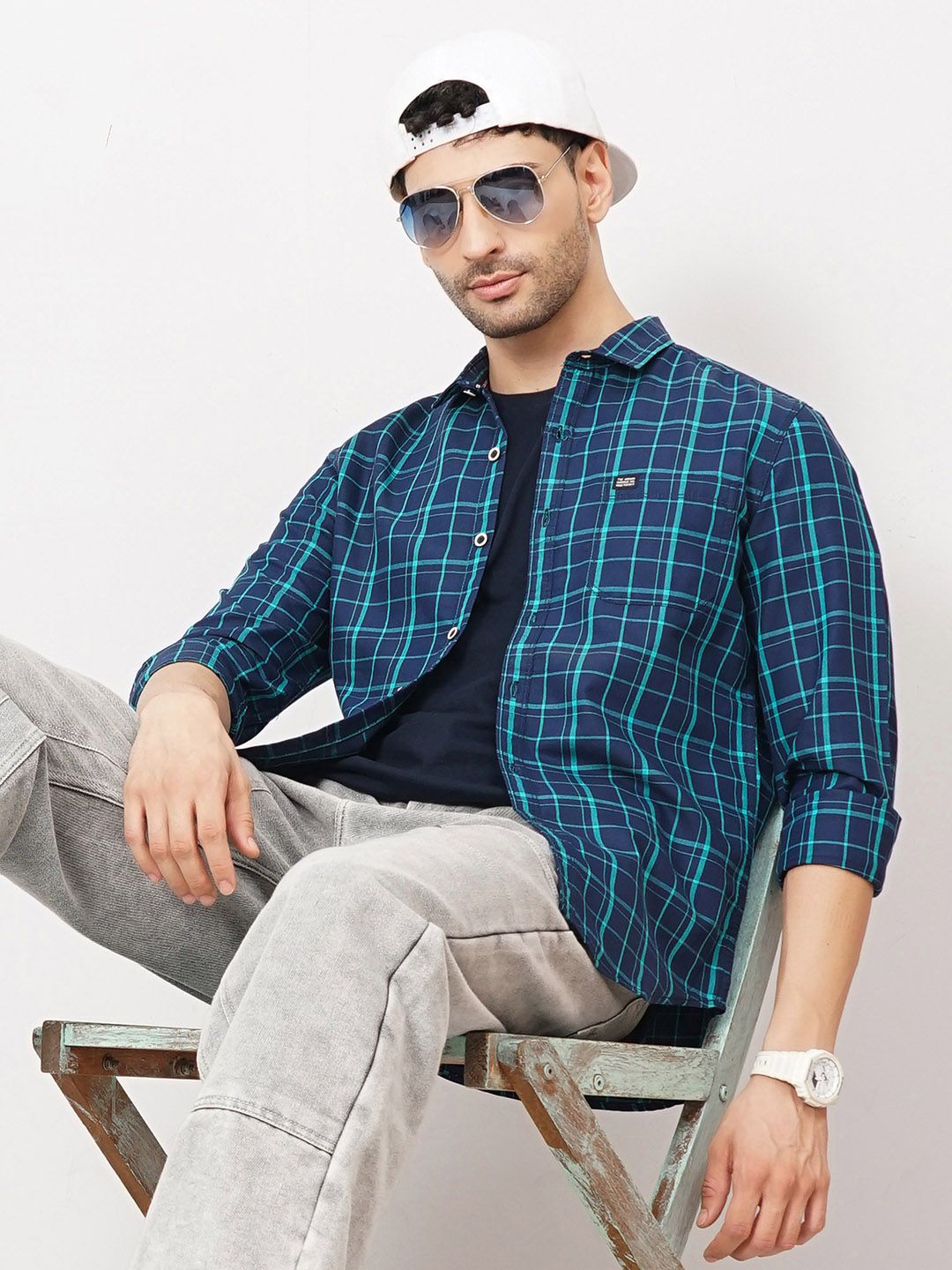 The Indian Garage Co Men Navy Blue & Green Slim Fit Checked Casual Shirt