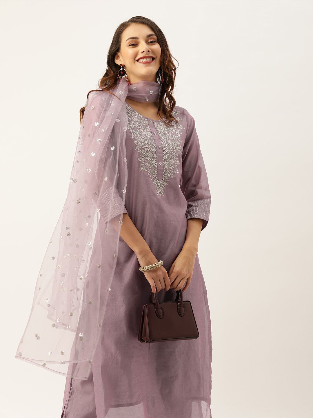 Varanga Mauve Floral Zari Yoke Design Chanderi Silk Kurta with Trousers & Sequin Dupatta