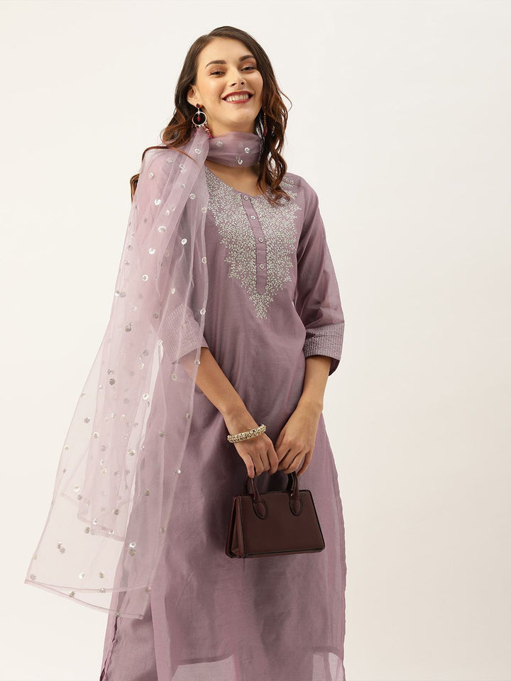 Varanga Mauve Floral Zari Yoke Design Chanderi Silk Kurta with Trousers & Sequin Dupatta