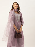 Varanga Mauve Floral Zari Yoke Design Chanderi Silk Kurta with Trousers & Sequin Dupatta
