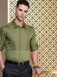 House of Pataudi Floral Embroidered Roll-Up Sleeves Pure Cotton Party Jashn Shirt