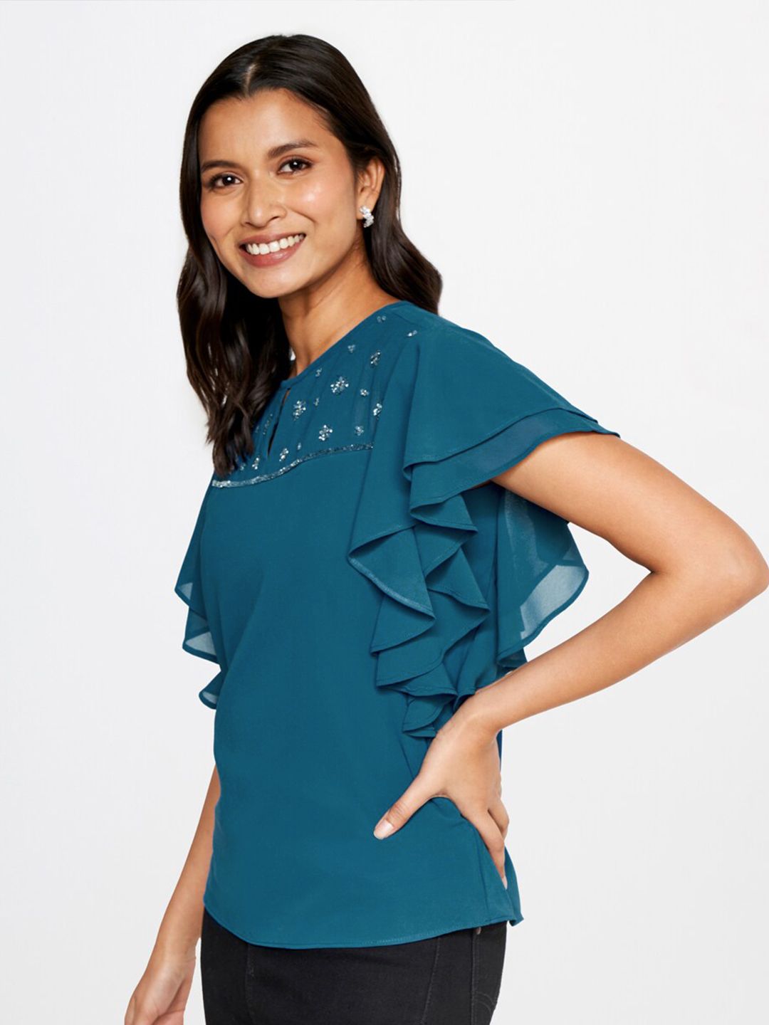 AND Embellished Sequinned Keyhole Neck Flutter Sleeve Top