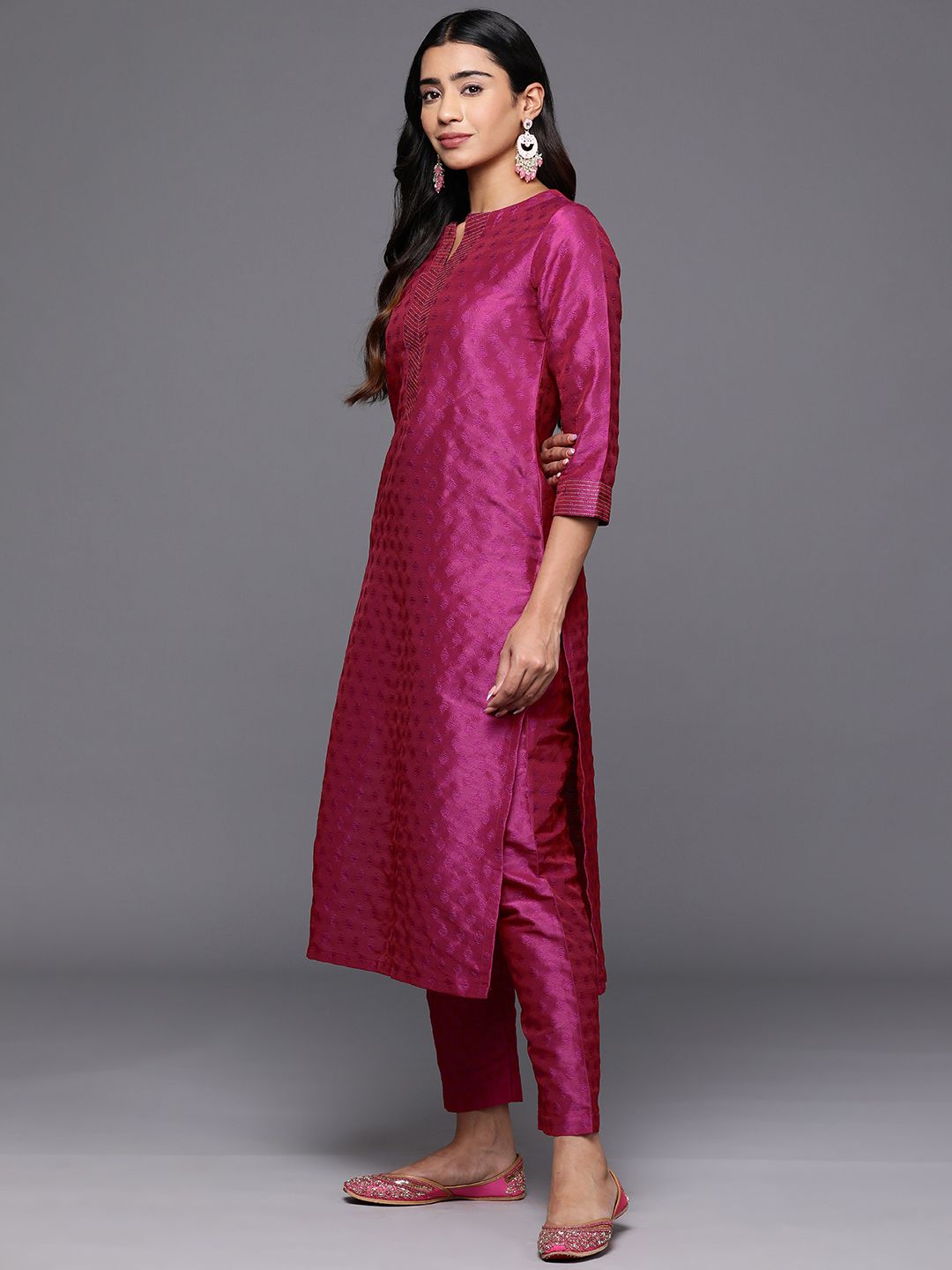 Varanga Women Pink Zari Work textured Kurta with Trouser and Printed Dupatta