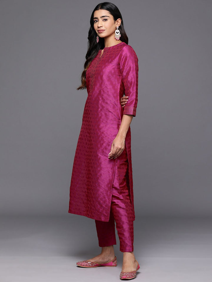 Varanga Women Pink Zari Work textured Kurta with Trouser and Printed Dupatta