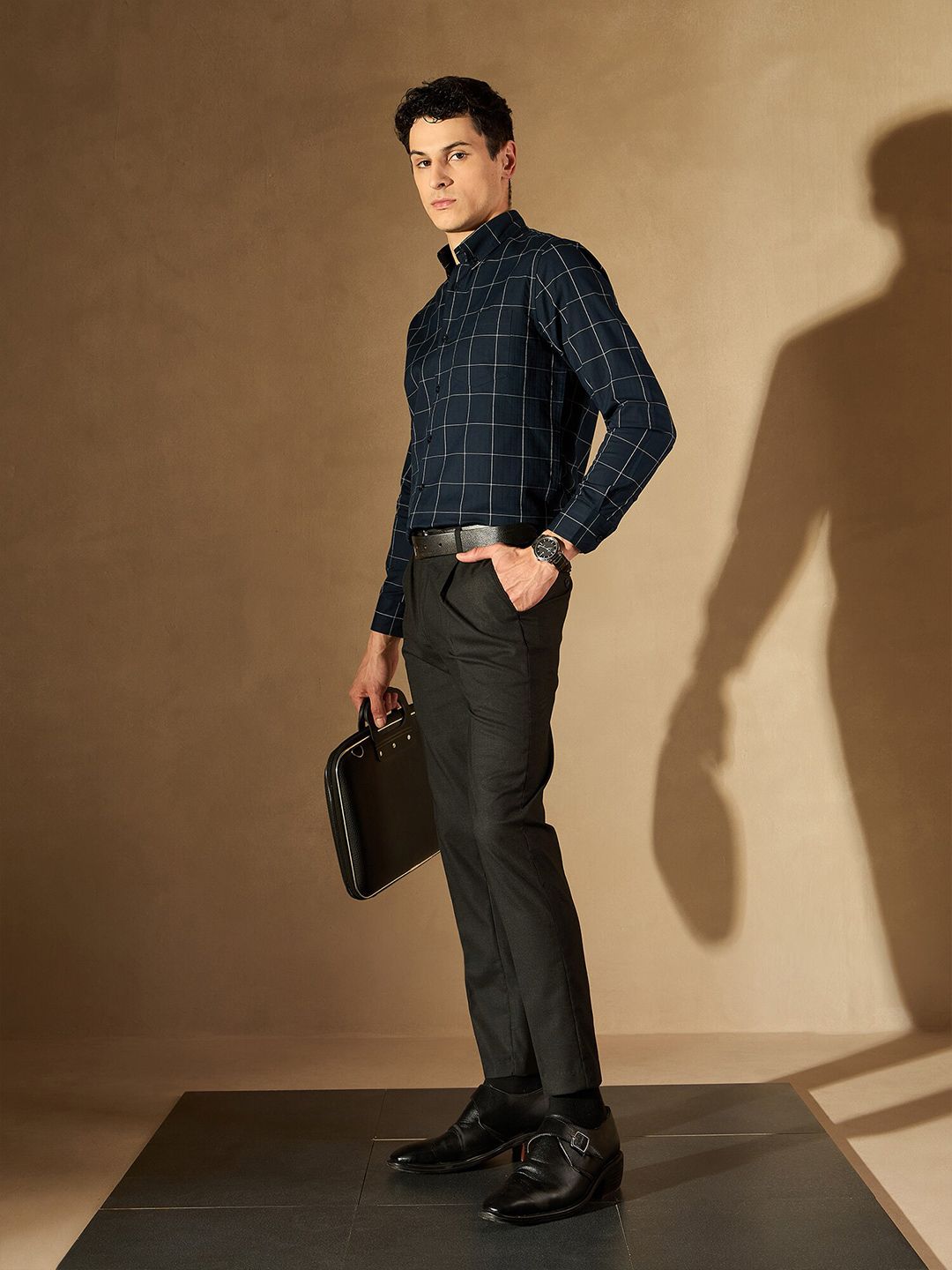 DENNISON Windowpane Checked Button-Down Collar Smart Cotton Formal Shirt