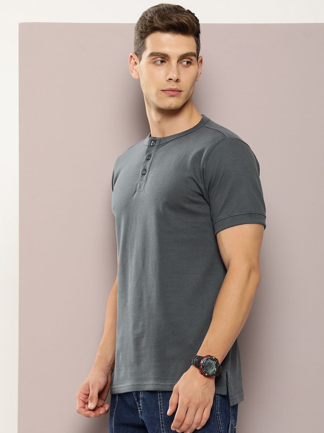 DILLINGER Men Henley Neck Honeycomb Structure T-shirt