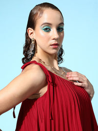 Berrylush Women Lovely Red Solid Ruffled Dress
