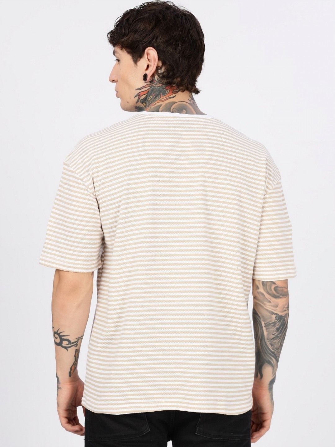Eszett Drop Shoulder Vintage Ride Cream Striped Embroidered Cotton Round Neck Oversized Fit T-shirt