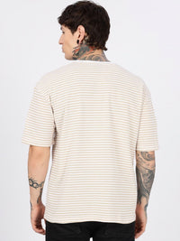 Eszett Drop Shoulder Vintage Ride Cream Striped Embroidered Cotton Round Neck Oversized Fit T-shirt