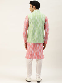 SOJANYA Men Pink & White Embroidered Thread Work Kurta with Churidar & Nehru Jacket