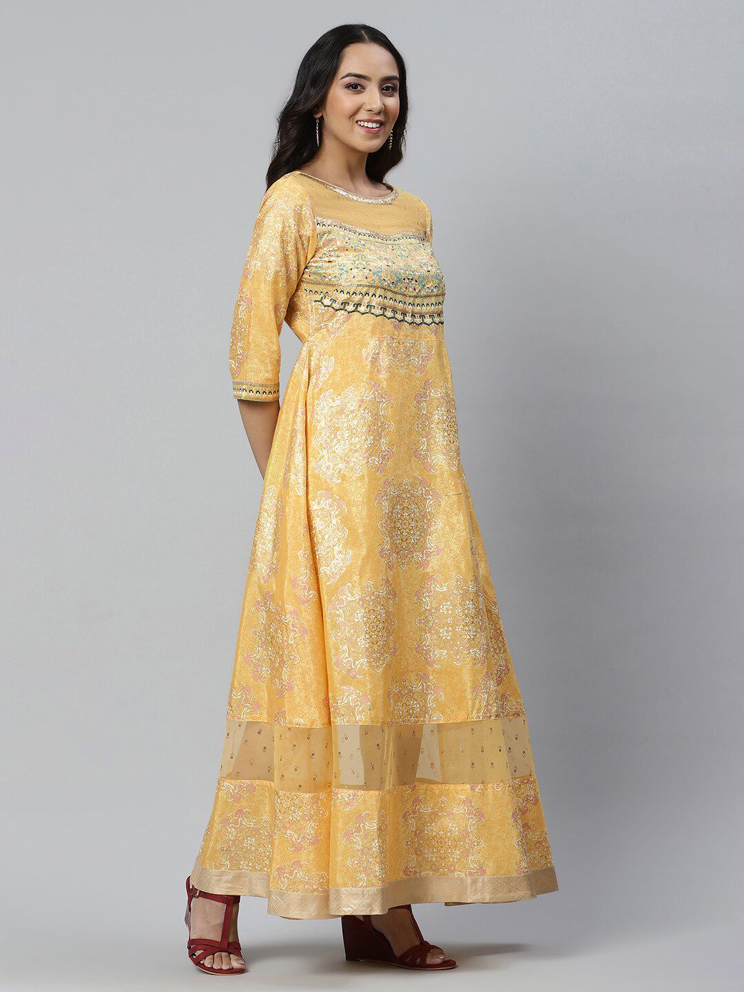AURELIA Yellow Ethnic Motifs Satin Maxi Dress