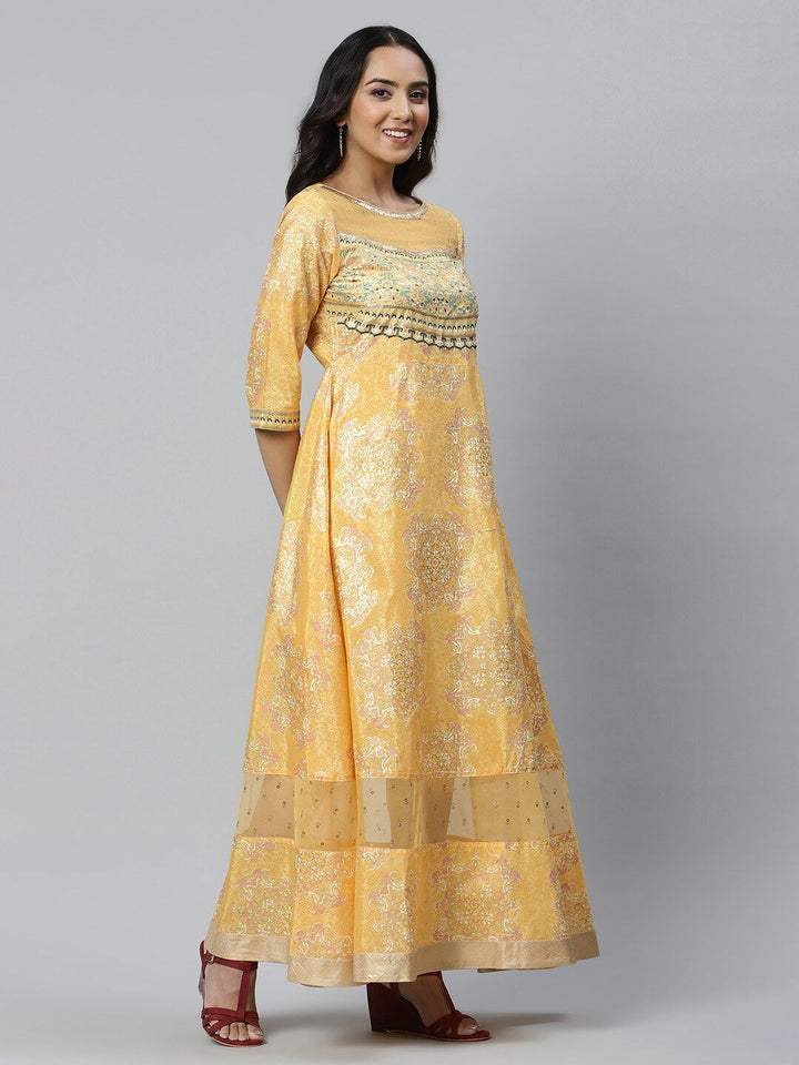 AURELIA Yellow Ethnic Motifs Satin Maxi Dress