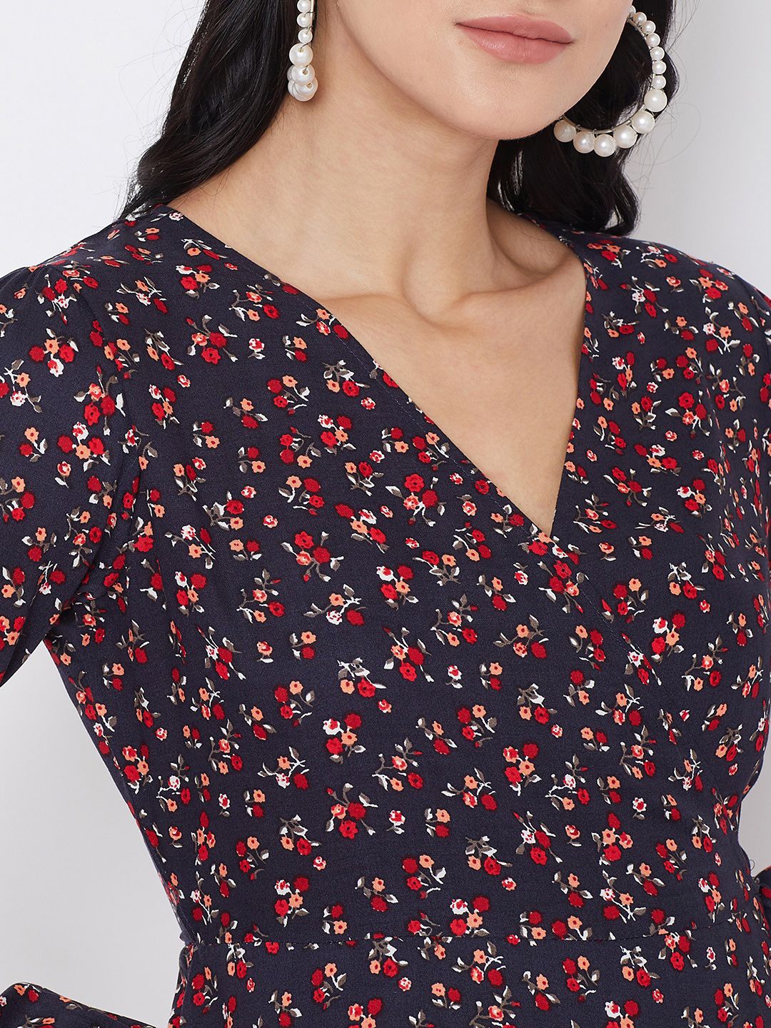 Berrylush Navy Blue Floral Printed Fit and Flare Dress