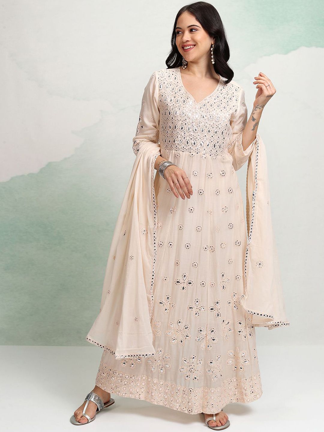 Vishudh Embroidered Regular Mirror Work Pure Cotton Anarkali Kurta Set