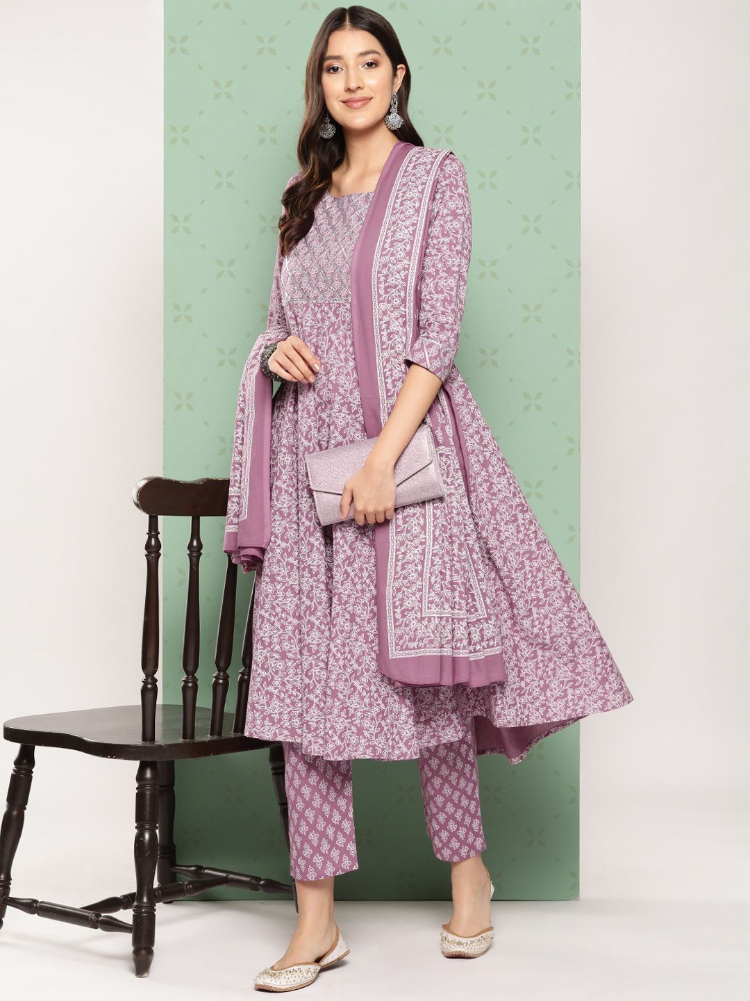 KALINI Women Ethnic Motifs Printed Empire Gotta Patti Kurta with Trousers & With Dupatta