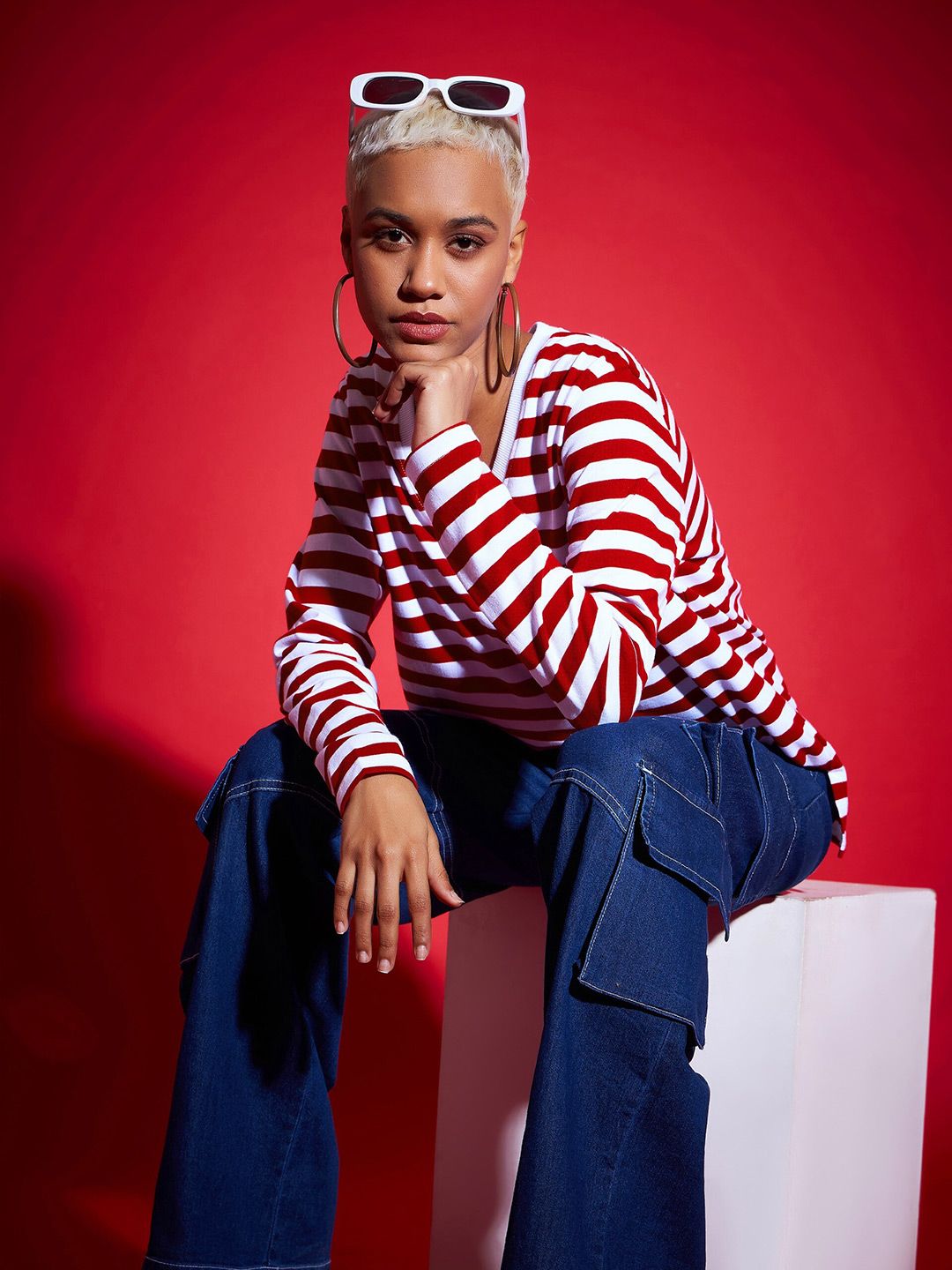 SASSAFRAS Red Striped V-Neck Long Sleeves Pure Cotton Pullover Sweatshirt