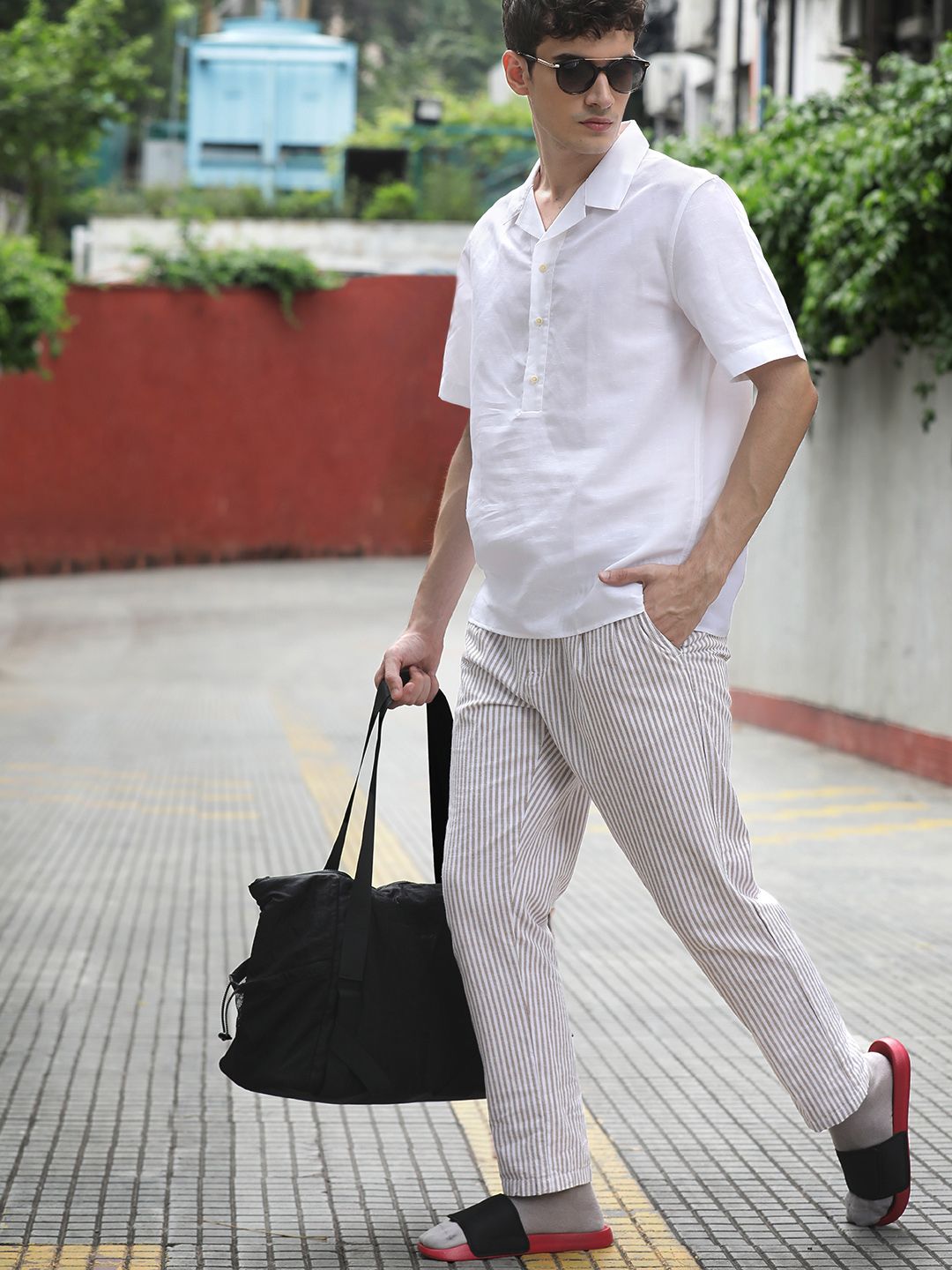 Mr Bowerbird Men White Striped Pleated  Liberal Fit Trousers