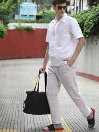 Mr Bowerbird Men White Striped Pleated  Liberal Fit Trousers