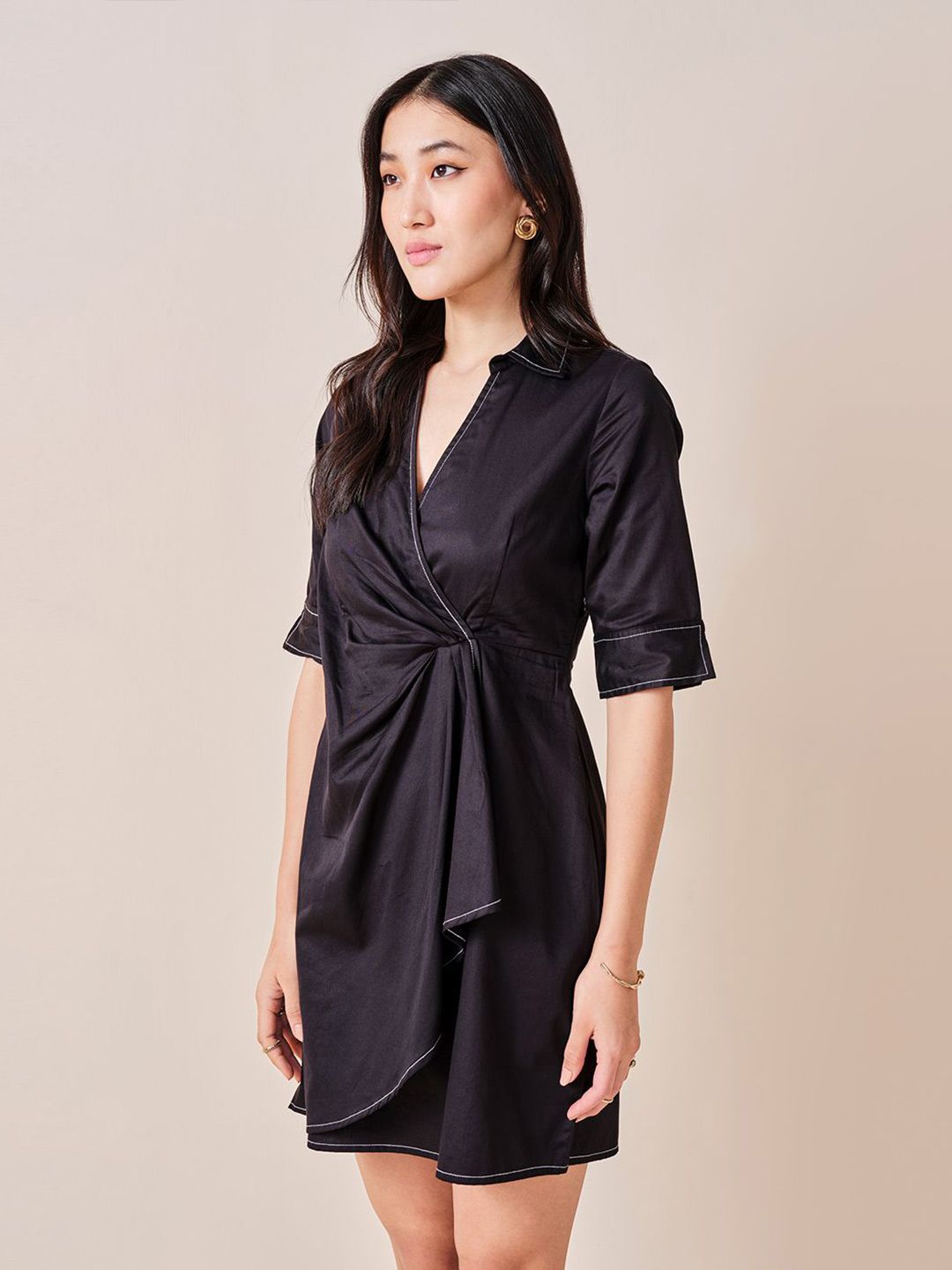 AND Solid Shirt Collar Neck Wrap Dress