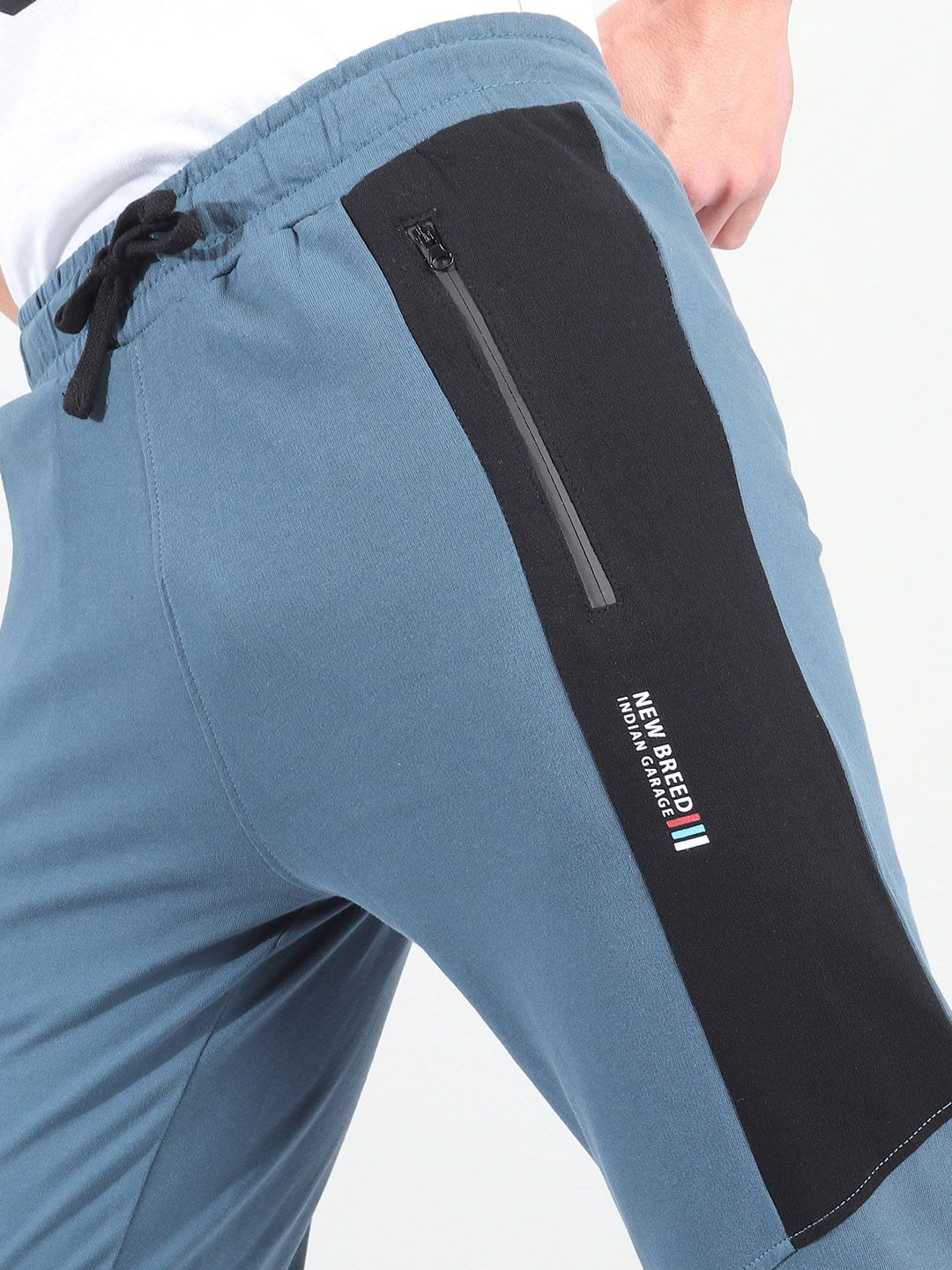 The Indian Garage Co Men Teal Blue & Black Colourblocked Slim-Fit Joggers