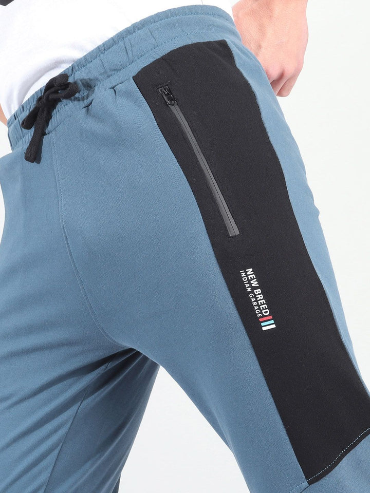 The Indian Garage Co Men Teal Blue & Black Colourblocked Slim-Fit Joggers